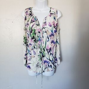 A New York Small Watercolor Floral Tank Top Sleeveless Blouse V-neck White Green